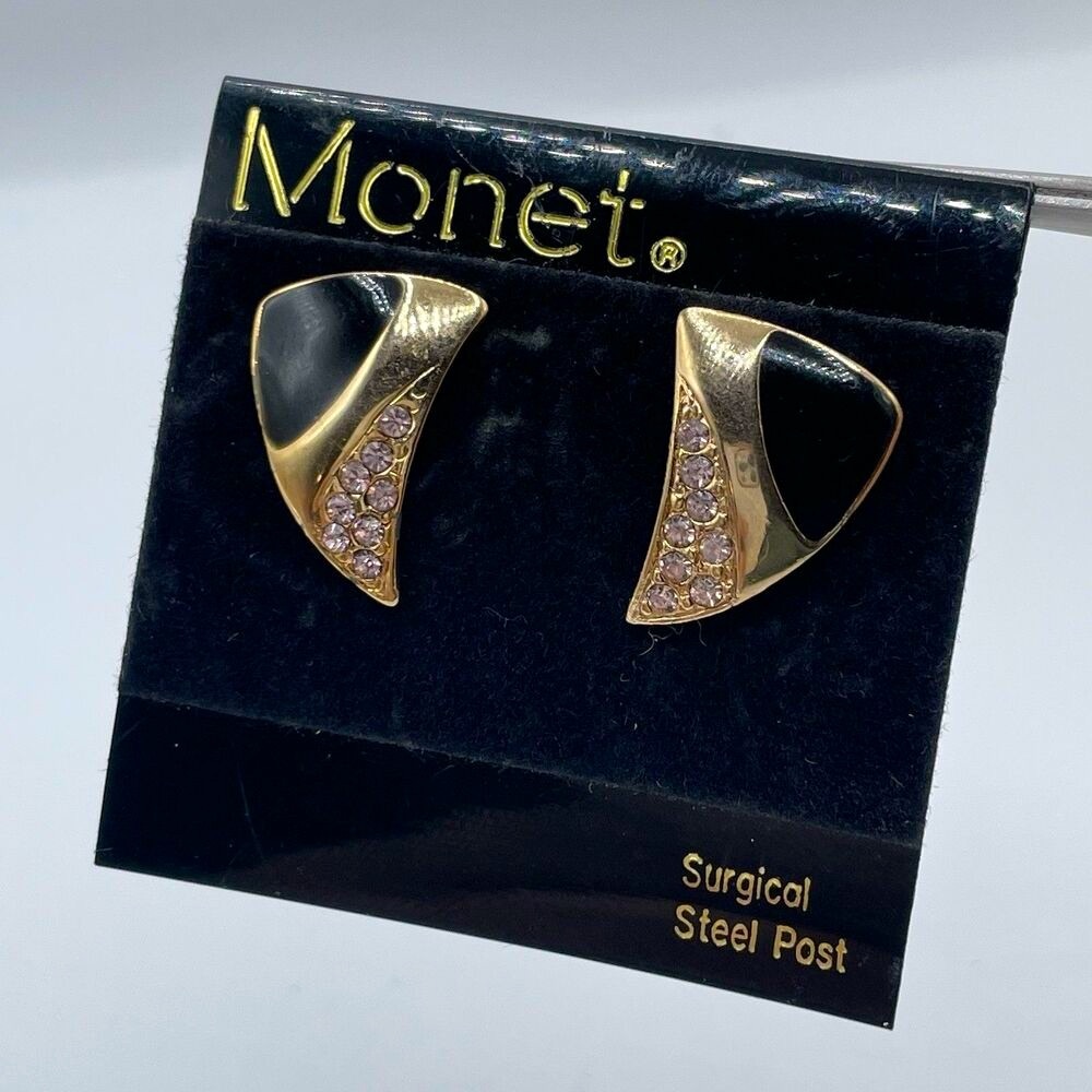 Vintage Monet Gold Tone Black Enamel Rhine Stone Stud Post Setting Earring Bold